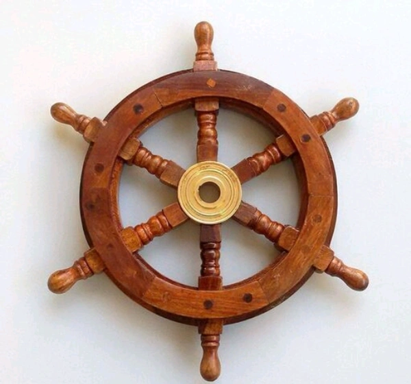 Wooden Wall Decore Hanging Its center is fitted with a golden brass hub - 12inch, Wooden, Ship Wheel, Pack of 1